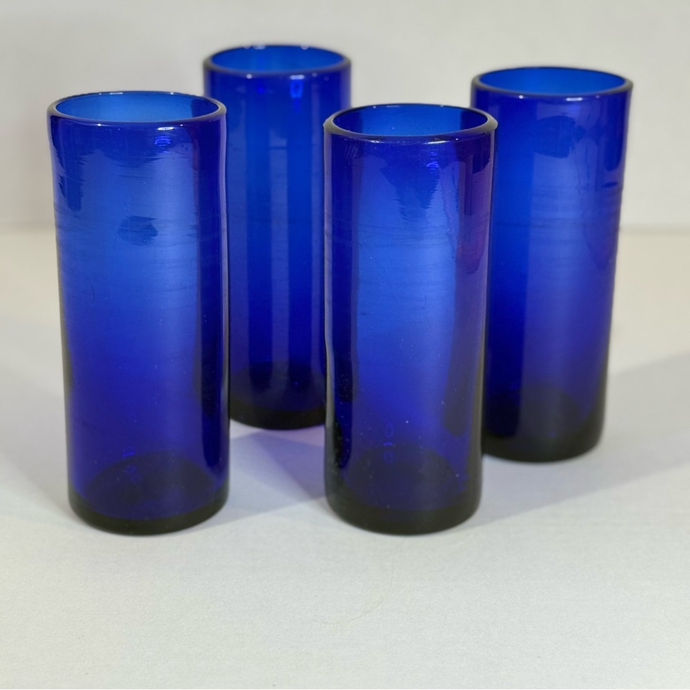 Vintage Cobalt Blue Highball Tumblers – Hand Blown Set of 4